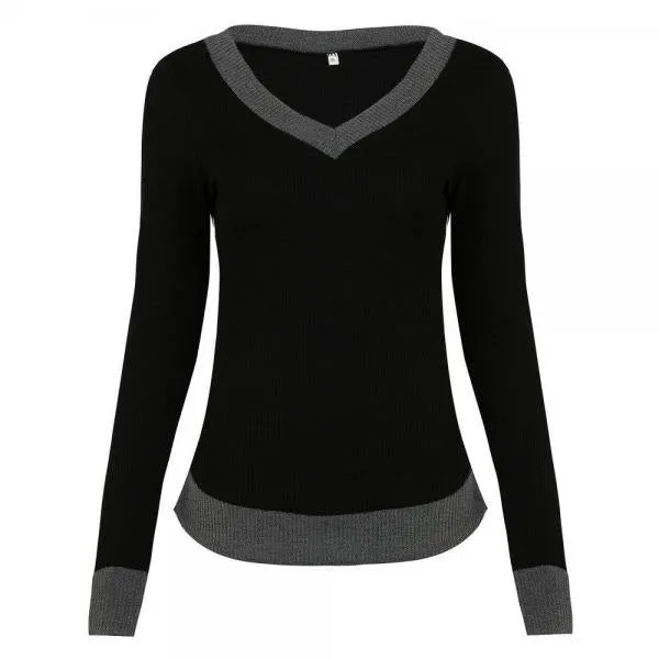 Autumn Winter Sexy V-neck Long Sleeve Patchwork T Shirt Women Tshirt Black T-shirts For Women Tops