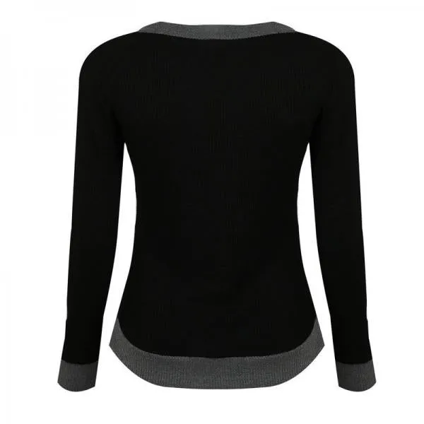 Autumn Winter Sexy V-neck Long Sleeve Patchwork T Shirt Women Tshirt Black T-shirts For Women Tops
