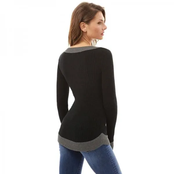 Autumn Winter Sexy V-neck Long Sleeve Patchwork T Shirt Women Tshirt Black T-shirts For Women Tops