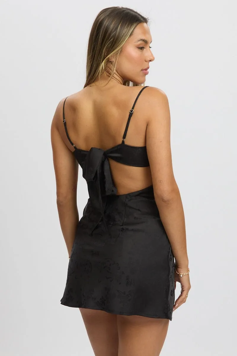 Black Mini Dress Tie Back Jacquard Fabric
