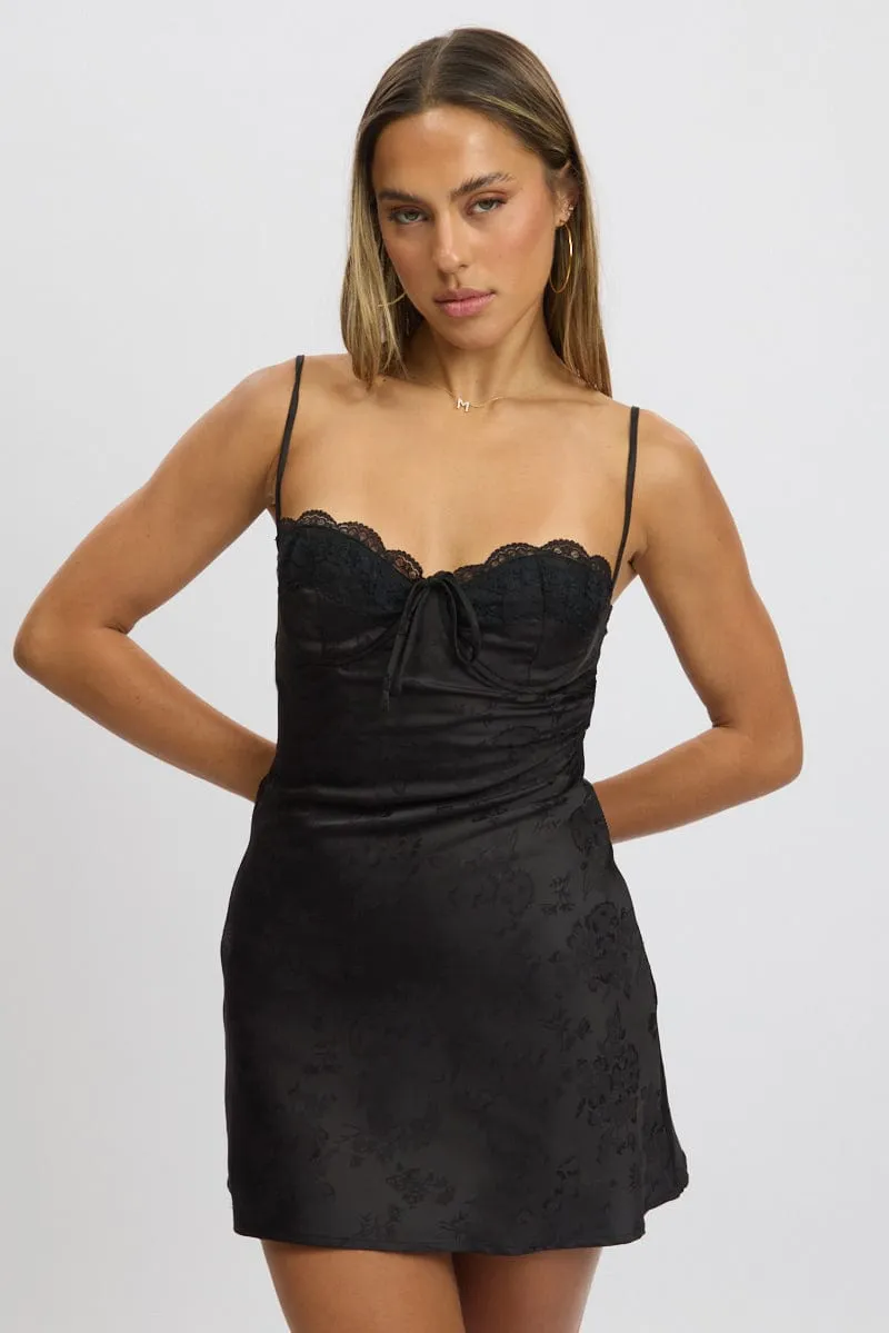Black Mini Dress Tie Back Jacquard Fabric