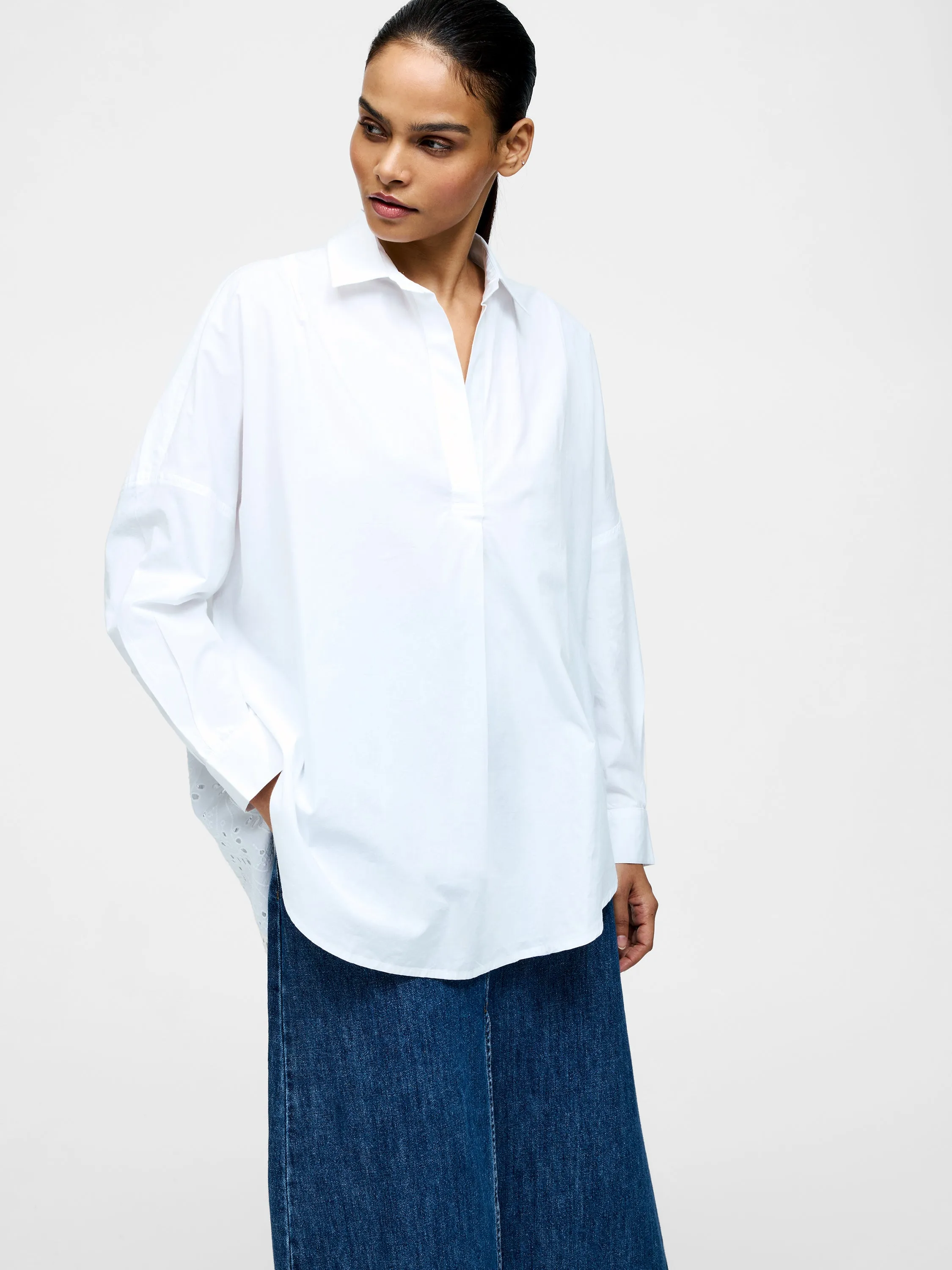 Broderie Back Long Sleeve Popover Shirt