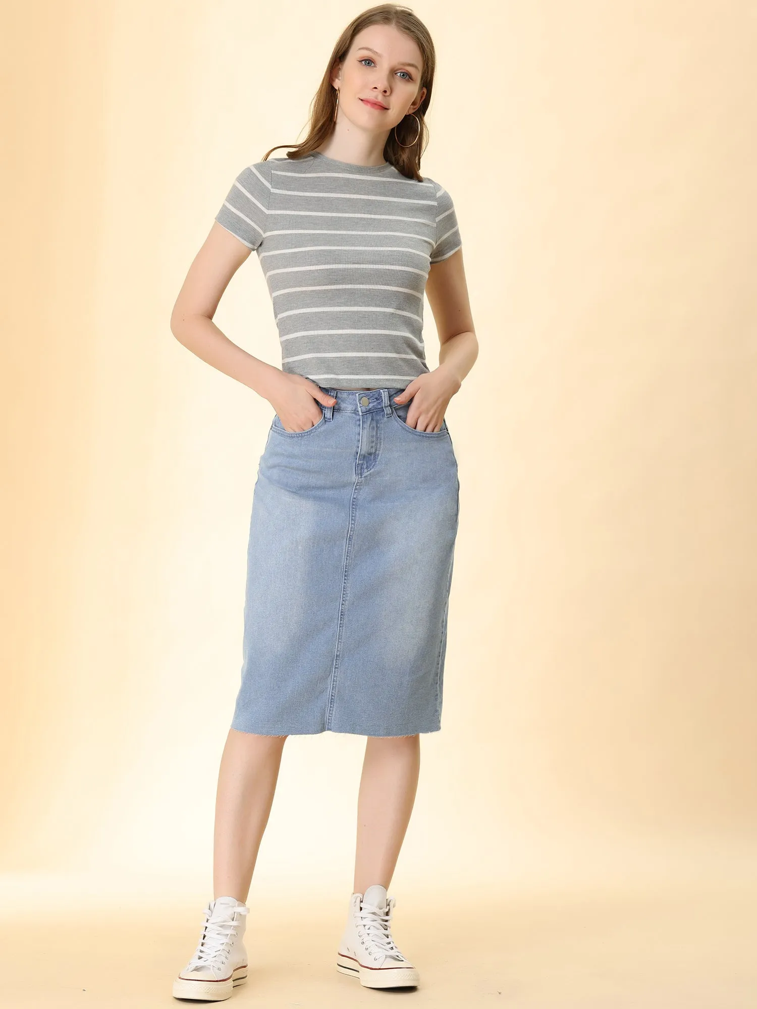 Casual High Waist Back Slit Stretch Denim Midi Skirt