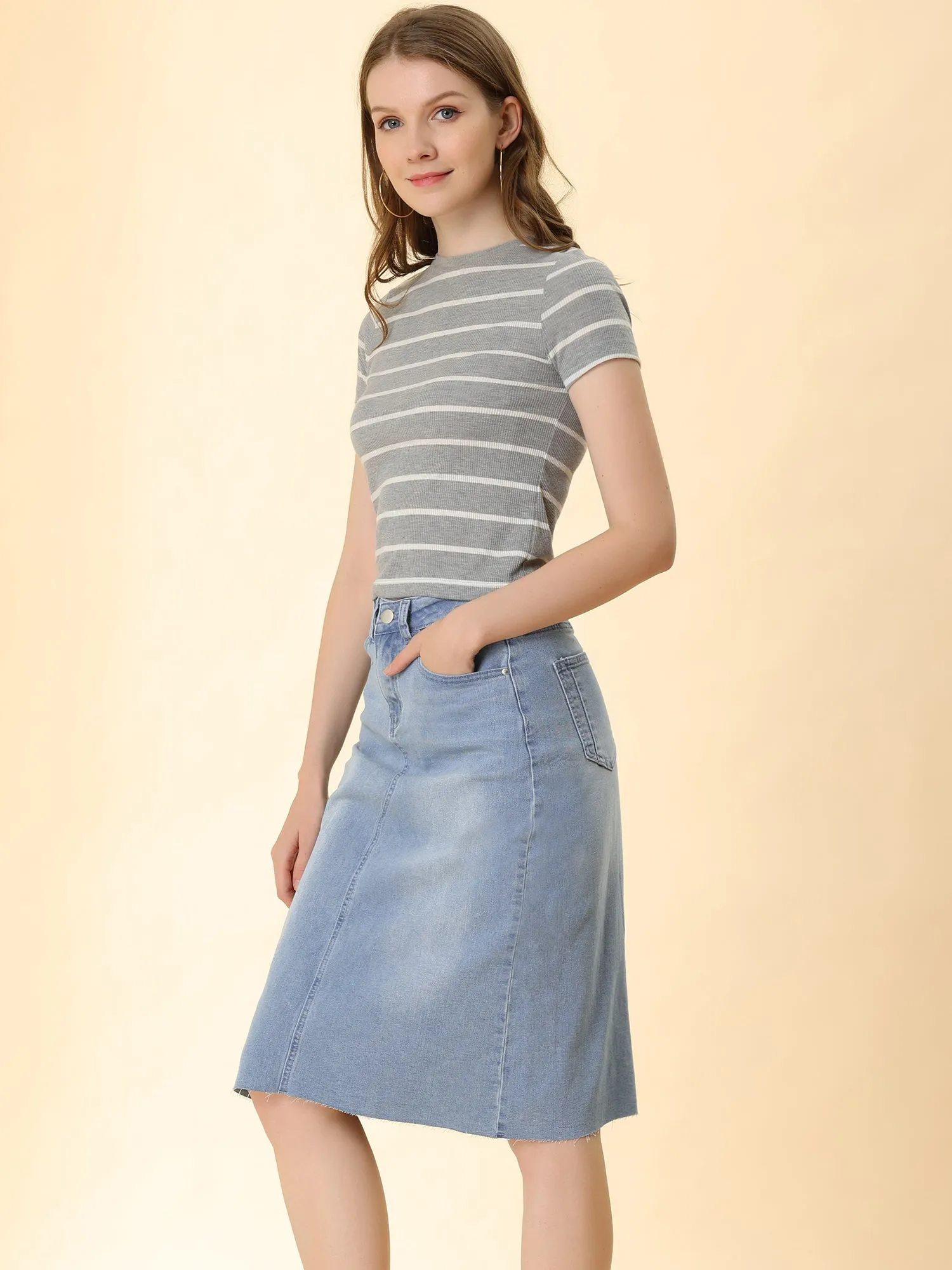 Casual High Waist Back Slit Stretch Denim Midi Skirt