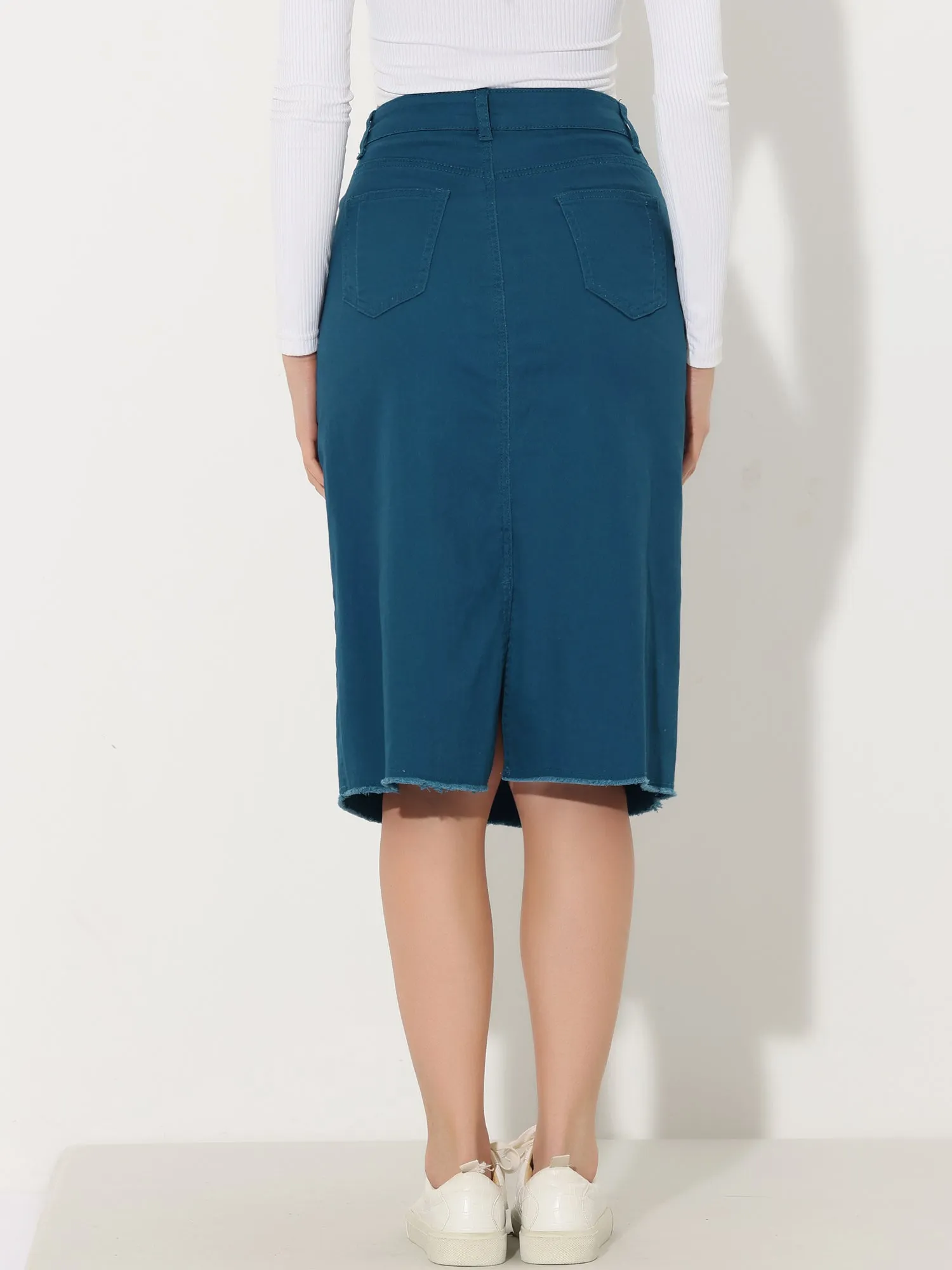 Casual High Waist Back Slit Stretch Denim Midi Skirt