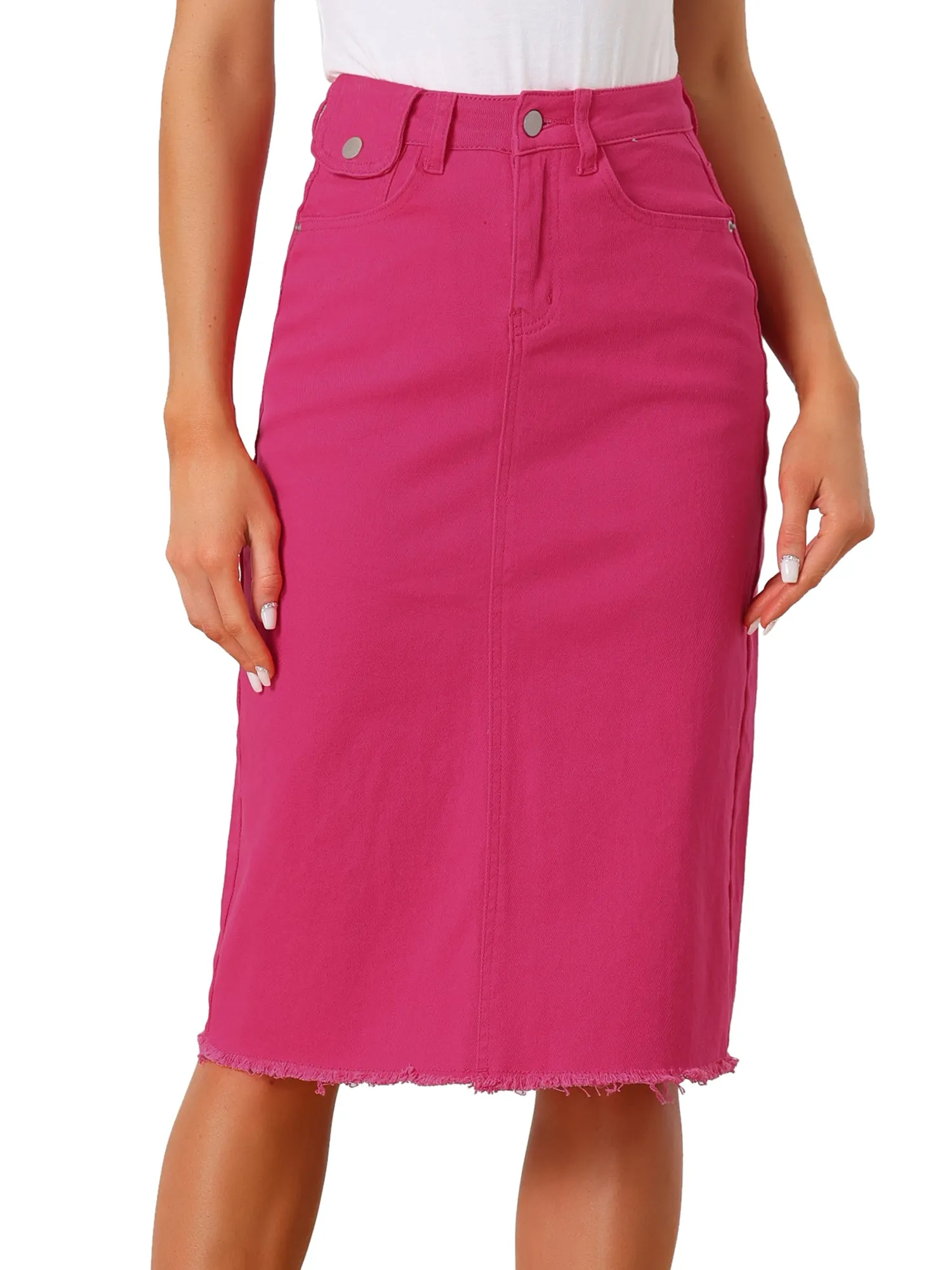 Casual High Waist Back Slit Stretch Denim Midi Skirt