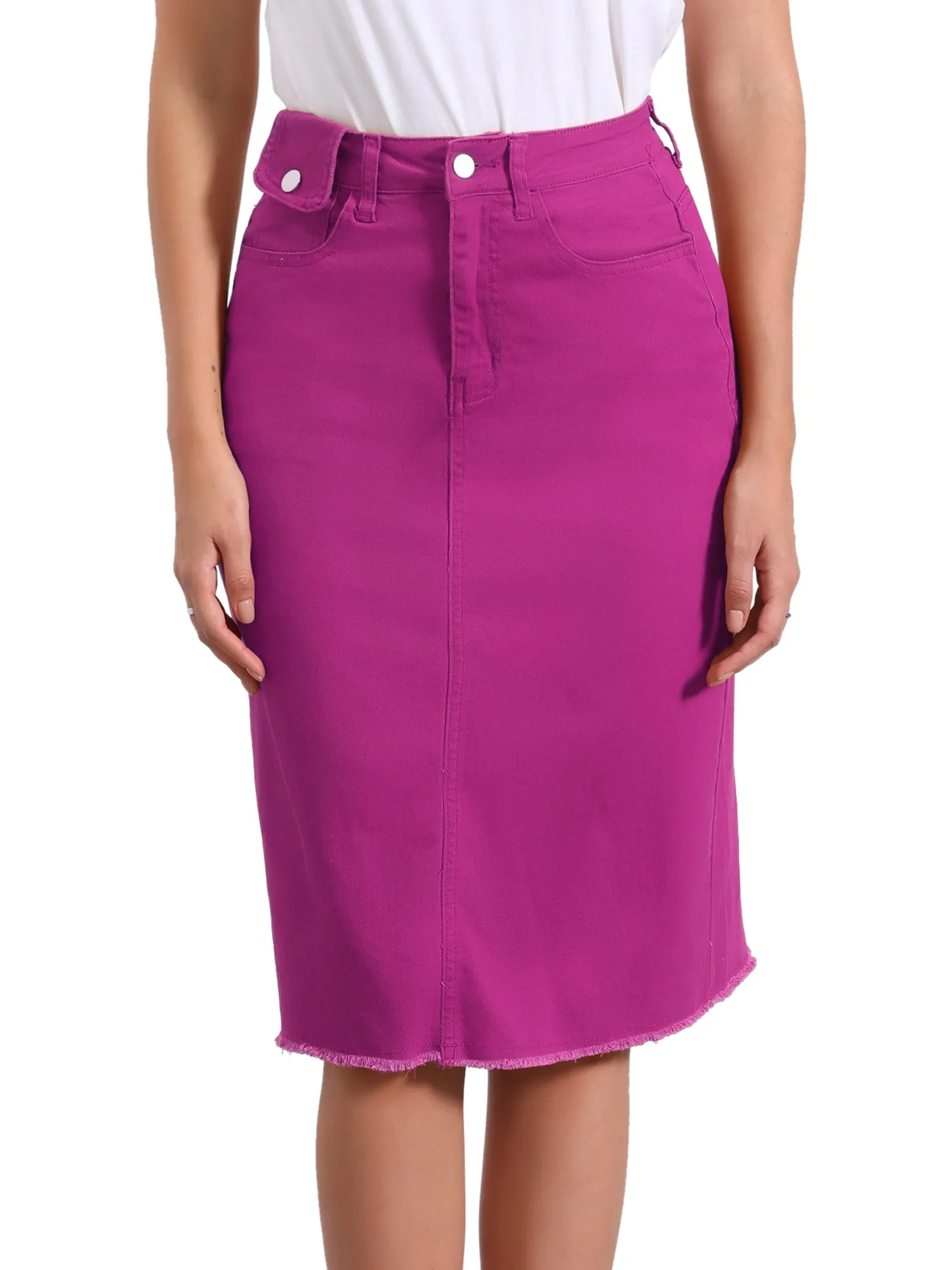 Casual High Waist Back Slit Stretch Denim Midi Skirt