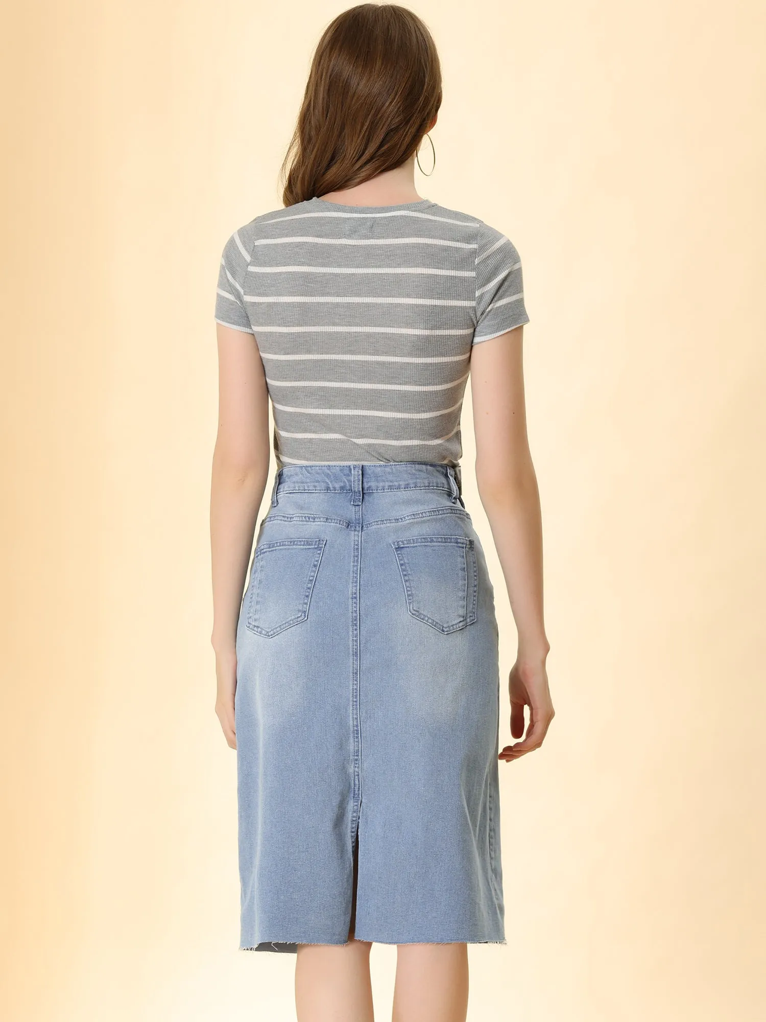 Casual High Waist Back Slit Stretch Denim Midi Skirt