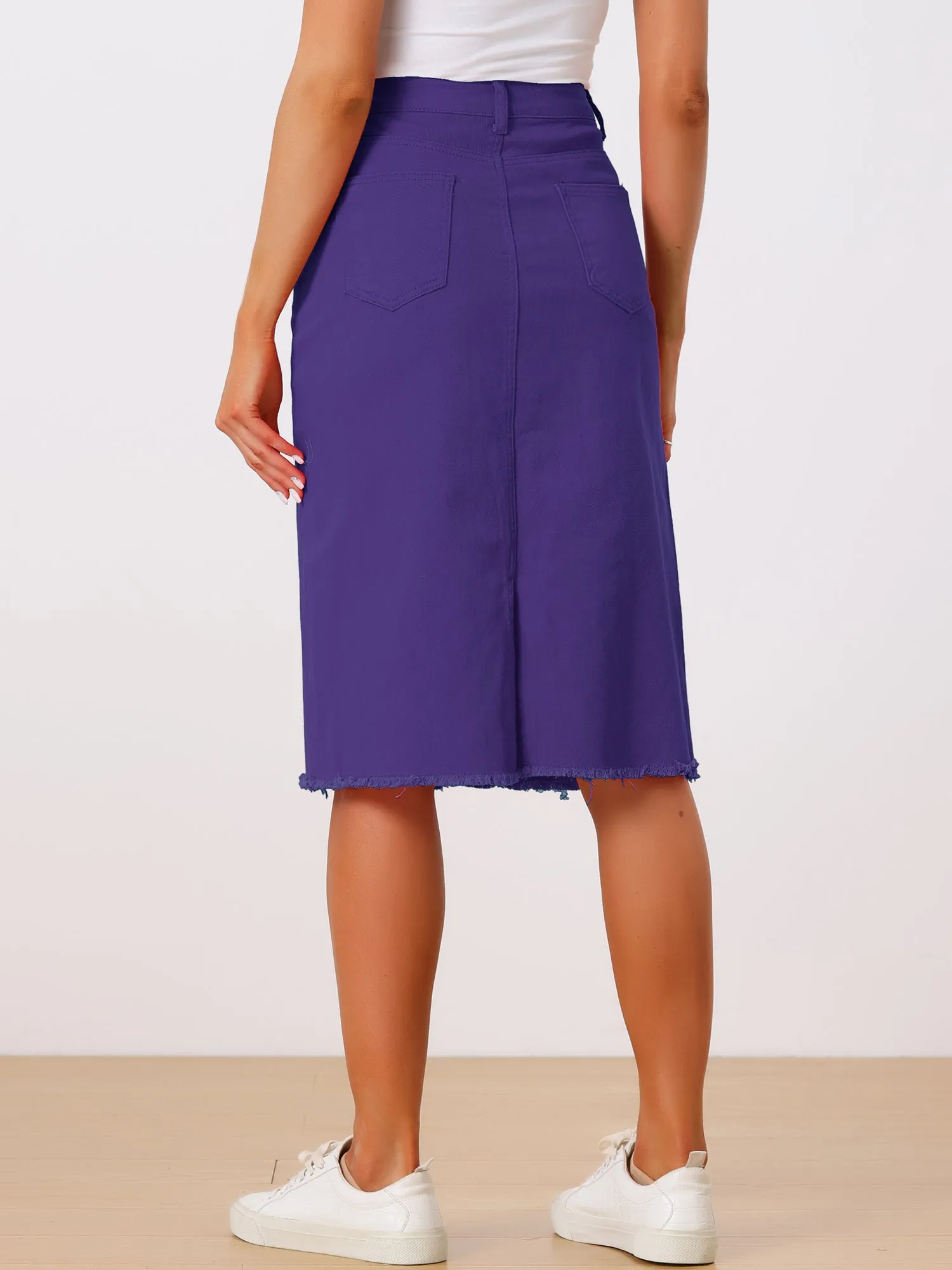 Casual High Waist Back Slit Stretch Denim Midi Skirt