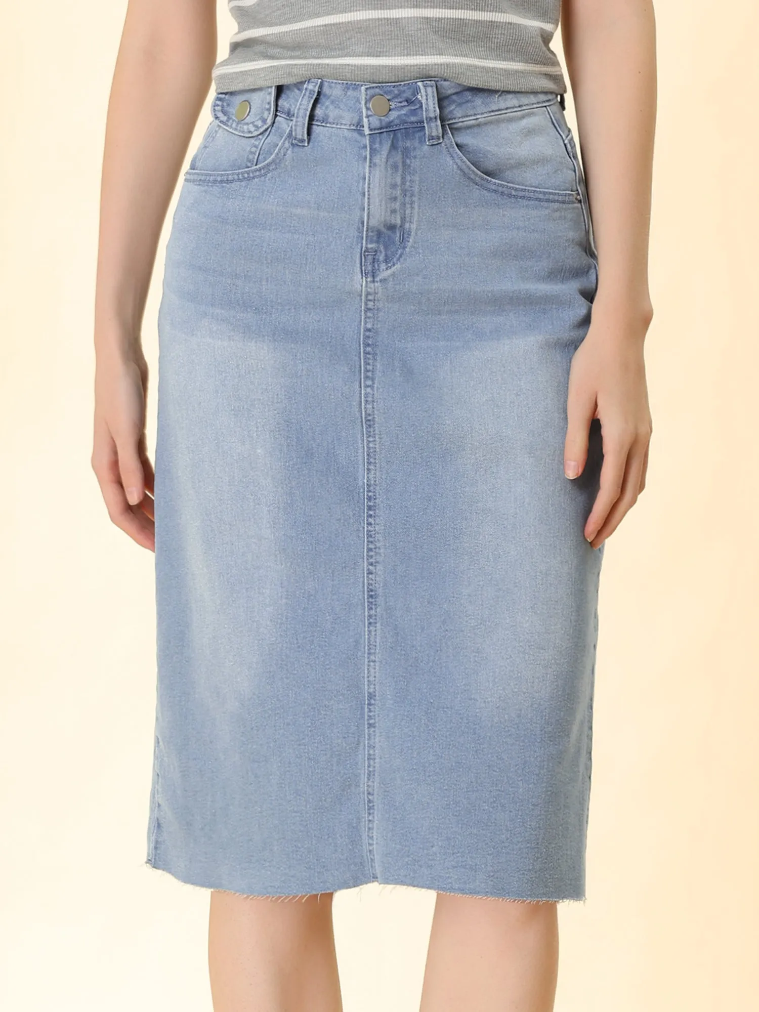 Casual High Waist Back Slit Stretch Denim Midi Skirt