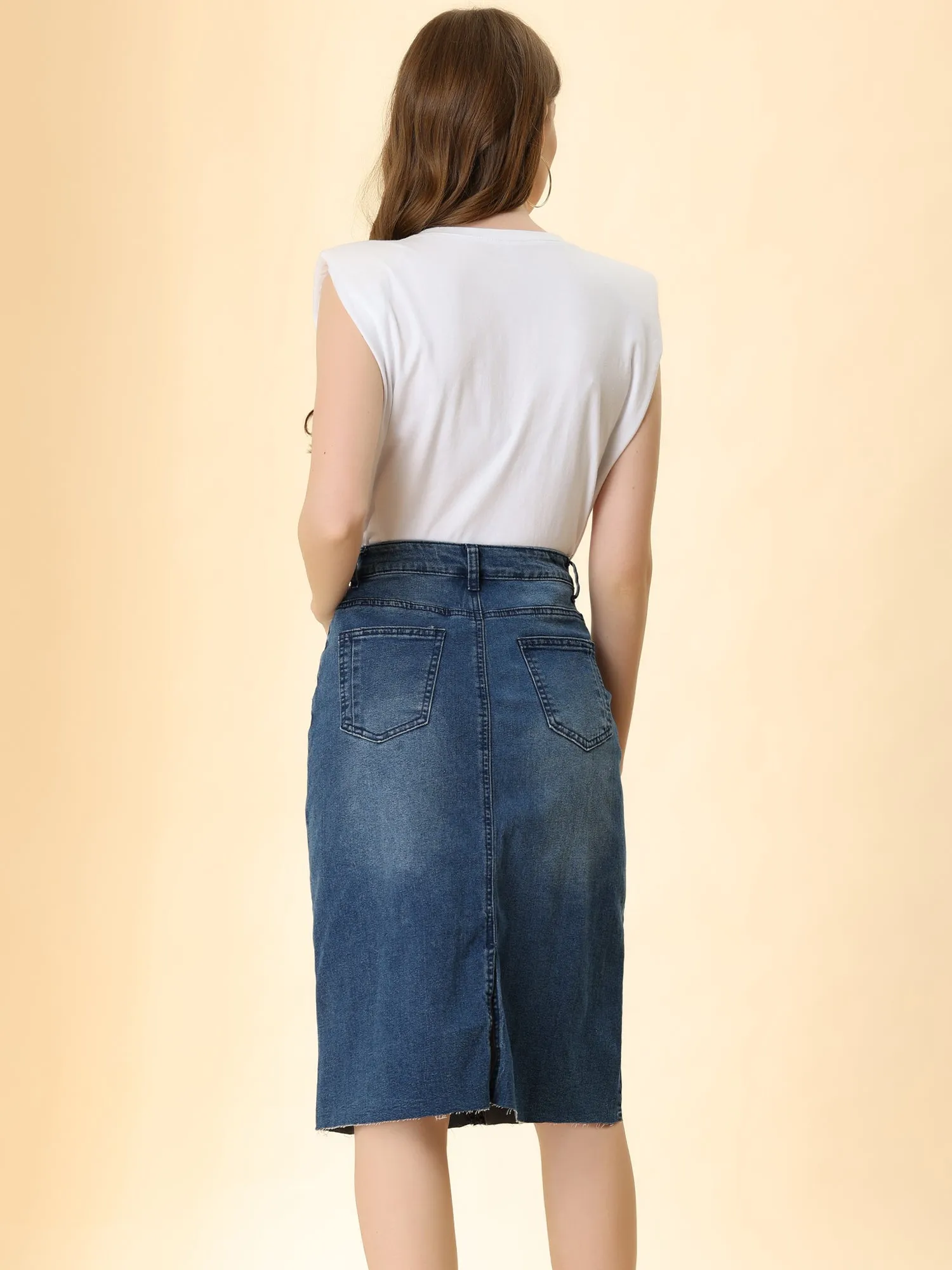 Casual High Waist Back Slit Stretch Denim Midi Skirt