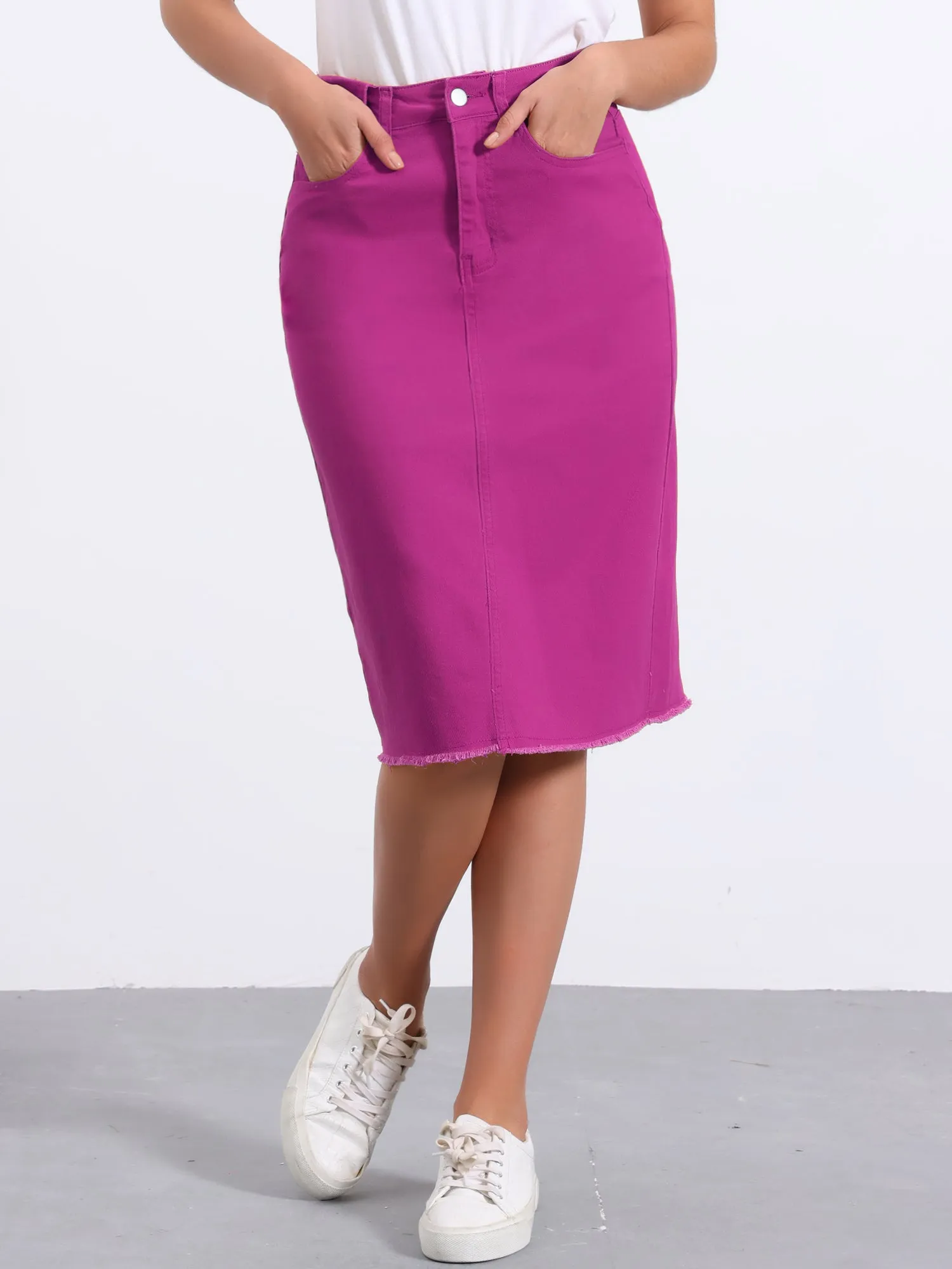 Casual High Waist Back Slit Stretch Denim Midi Skirt