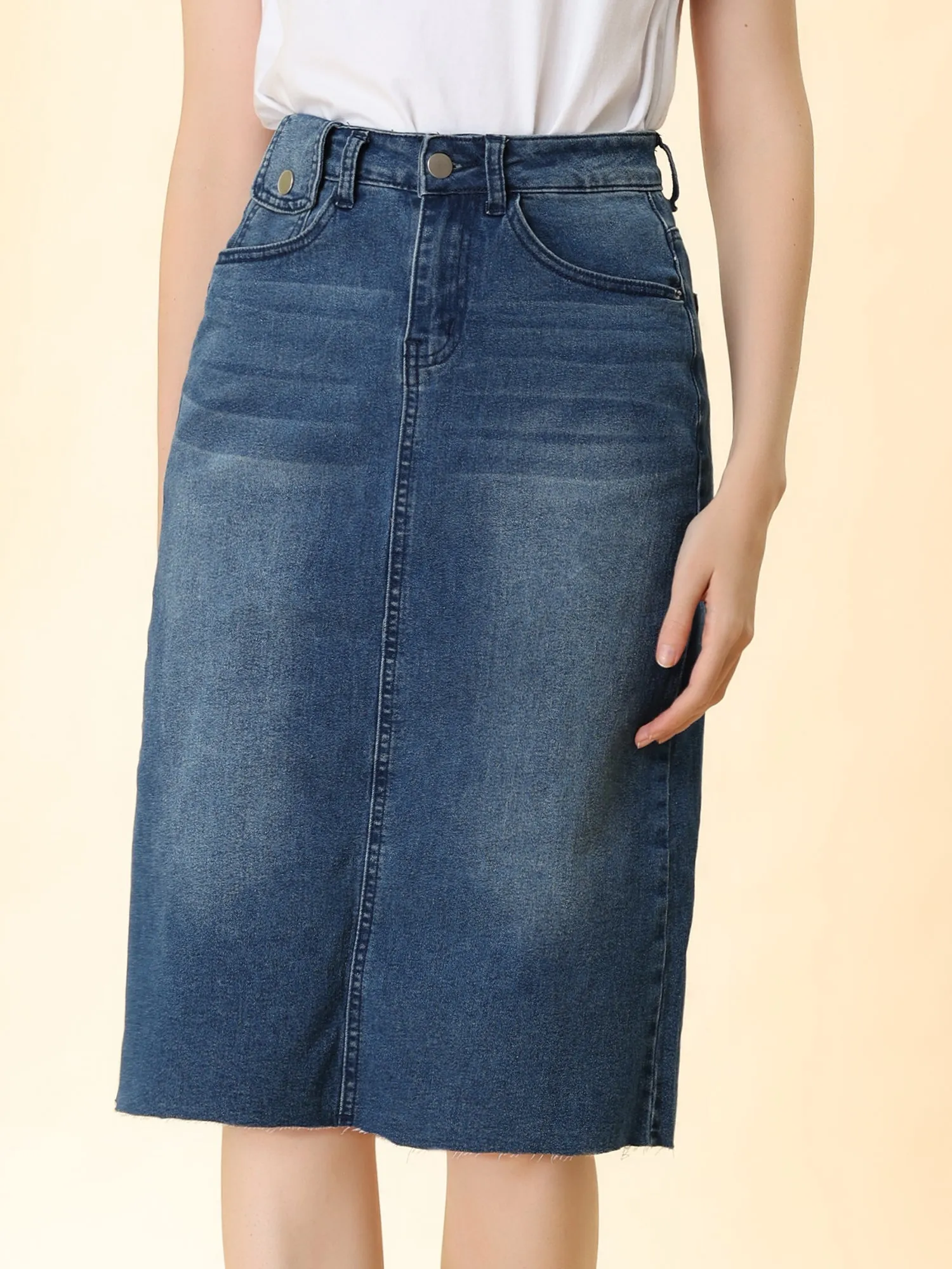 Casual High Waist Back Slit Stretch Denim Midi Skirt