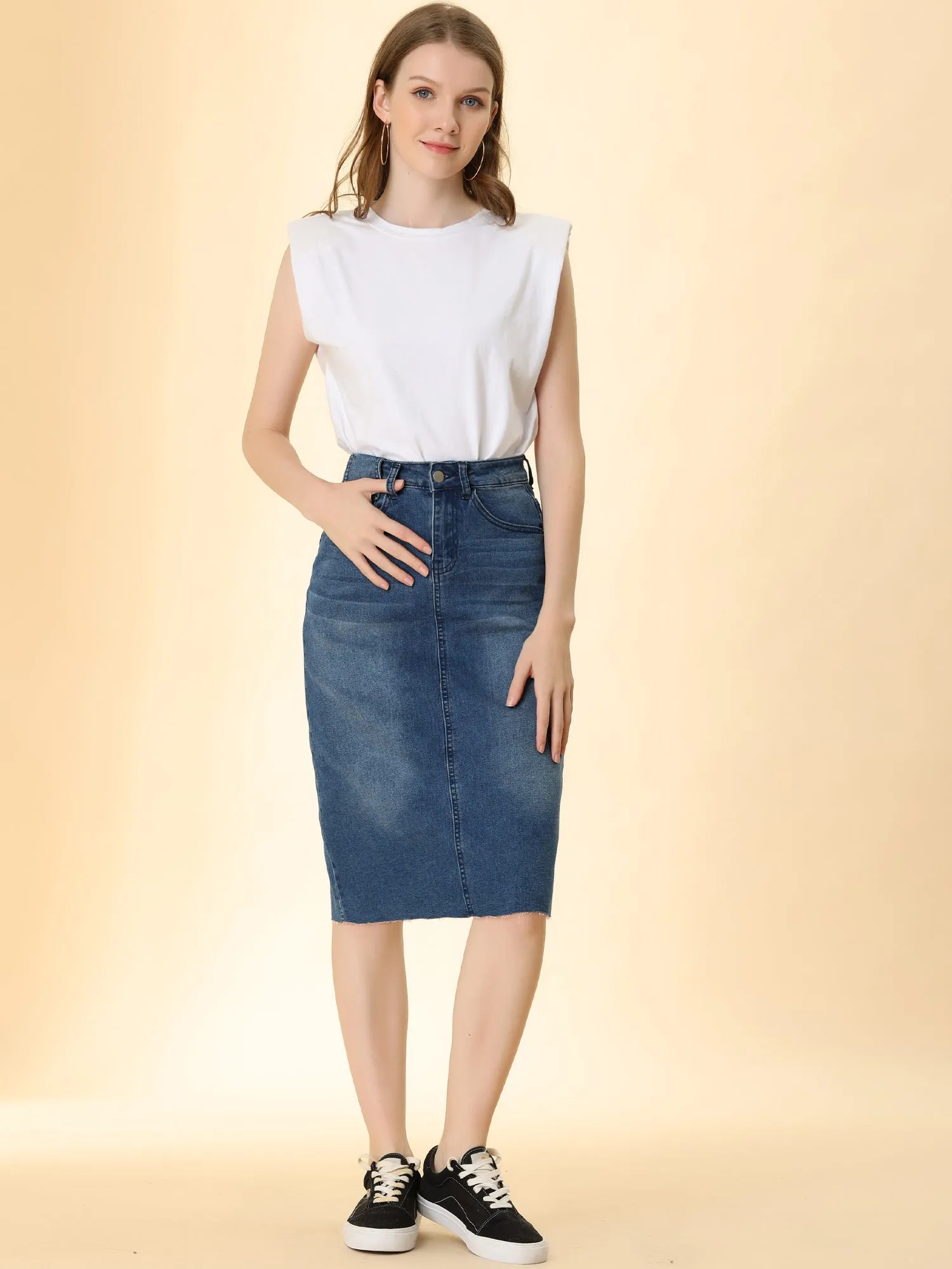 Casual High Waist Back Slit Stretch Denim Midi Skirt