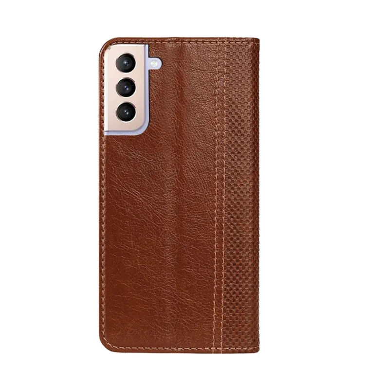 For Samsung Galaxy S21  5G Grid Texture Magnetic PU   TPU Horizontal Flip Leather Case with Holder