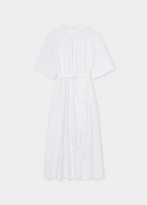 Gathered Belted Dress in Cotton Poplin - White