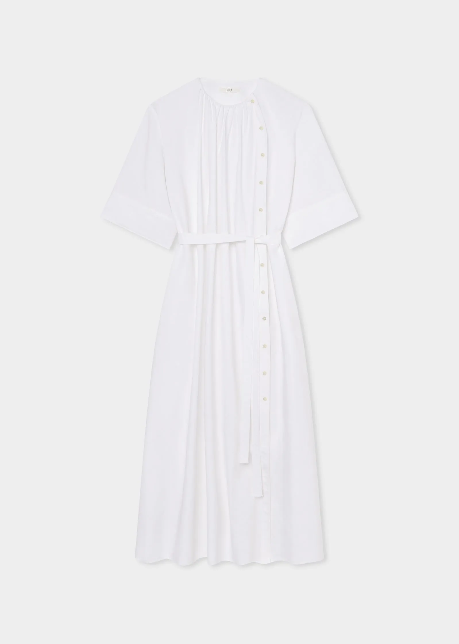 Gathered Belted Dress in Cotton Poplin - White