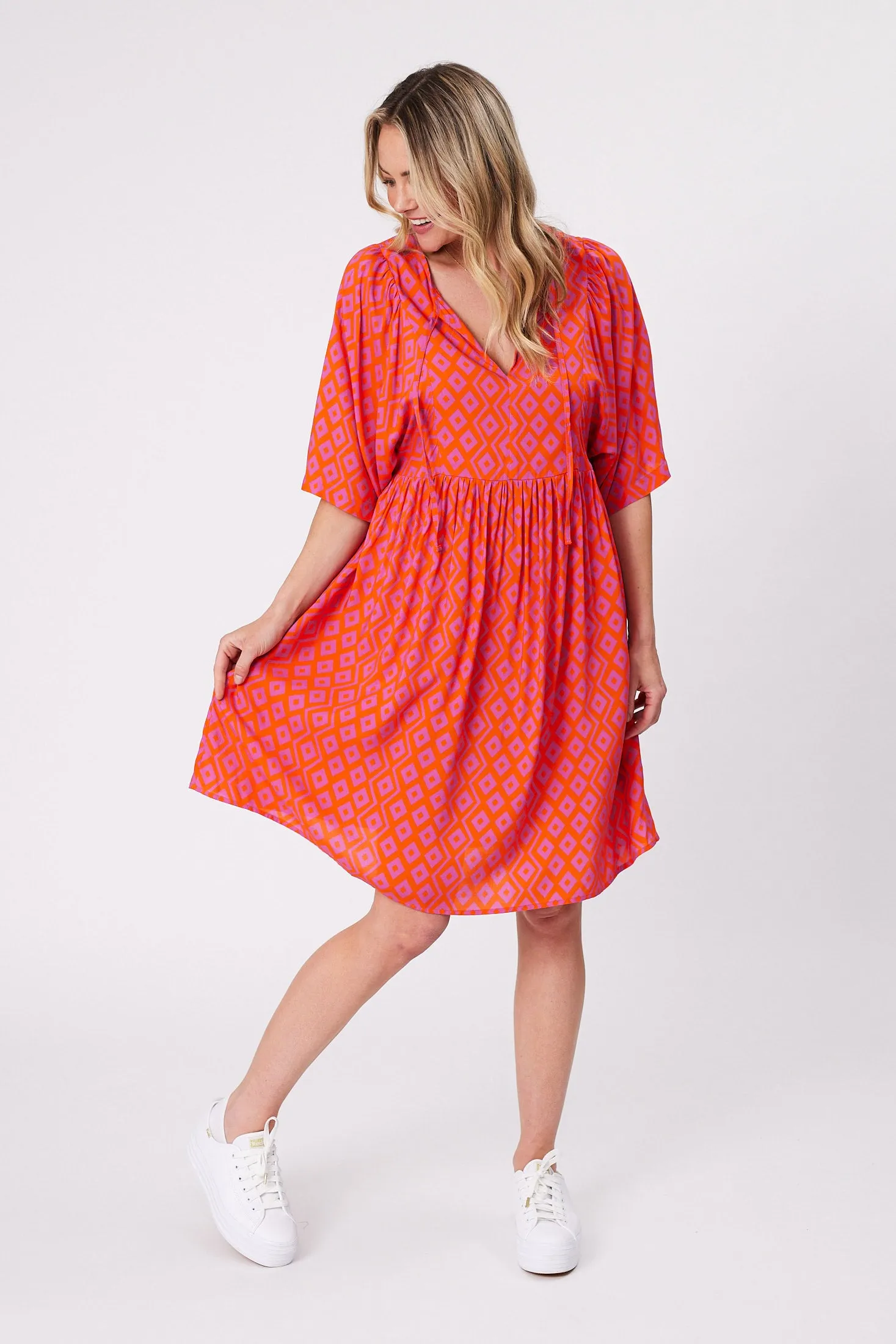 Gloss by Shine On Antonia Wide Sleeve Dress Orange Purple Diamond Print