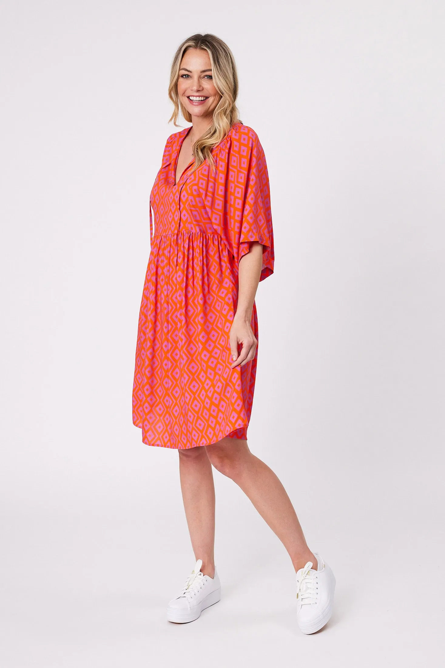 Gloss by Shine On Antonia Wide Sleeve Dress Orange Purple Diamond Print