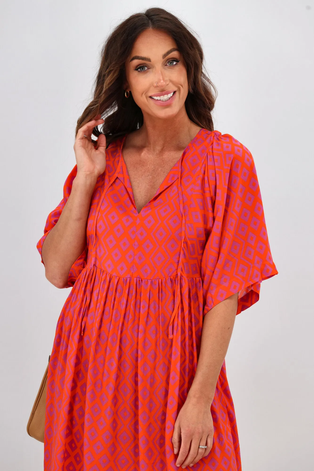 Gloss by Shine On Antonia Wide Sleeve Dress Orange Purple Diamond Print