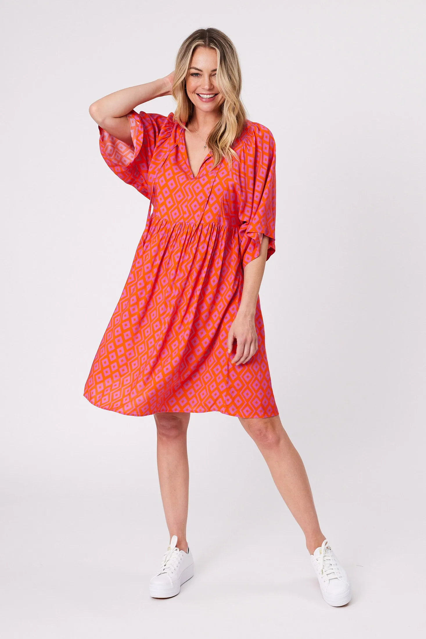 Gloss by Shine On Antonia Wide Sleeve Dress Orange Purple Diamond Print