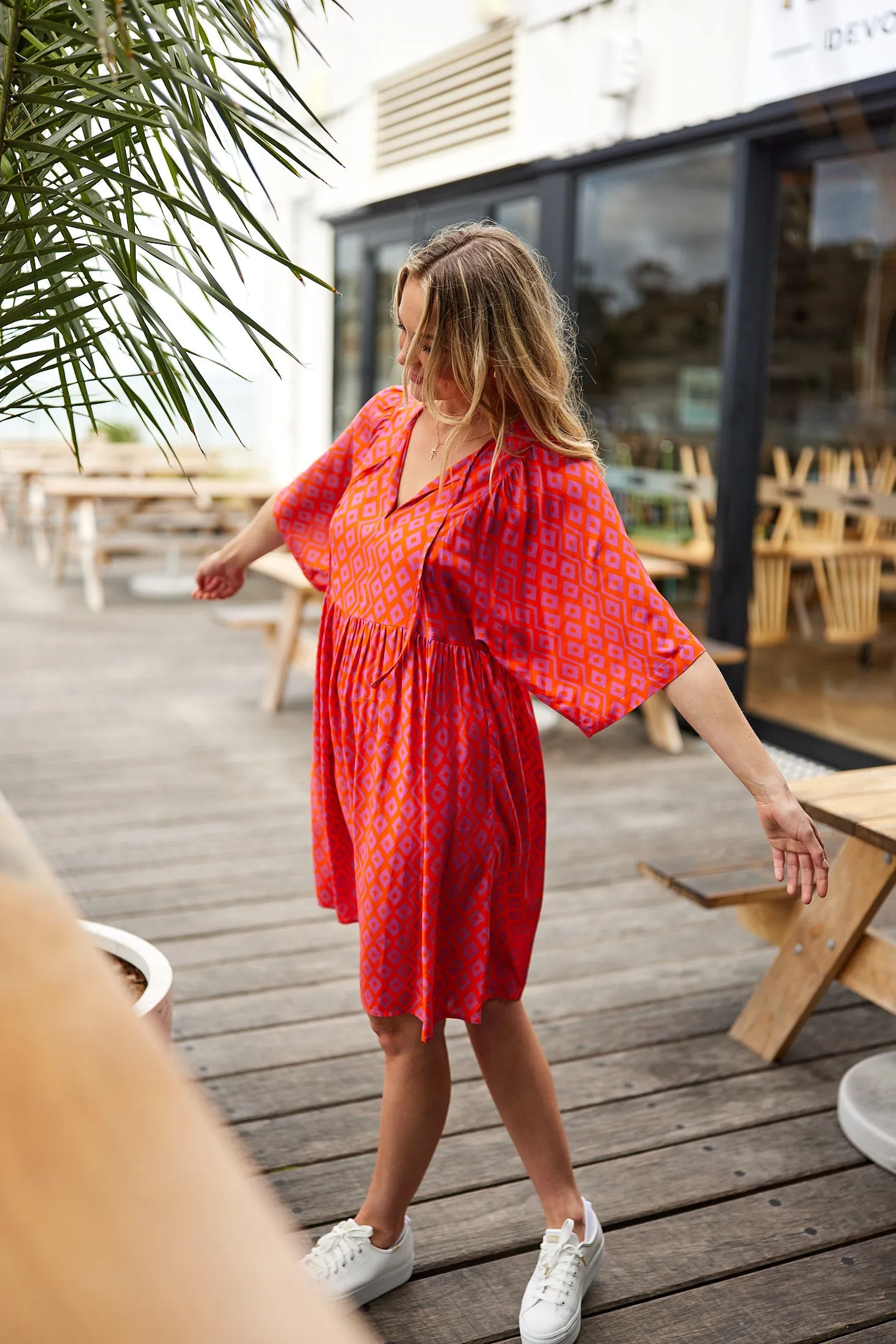 Gloss by Shine On Antonia Wide Sleeve Dress Orange Purple Diamond Print