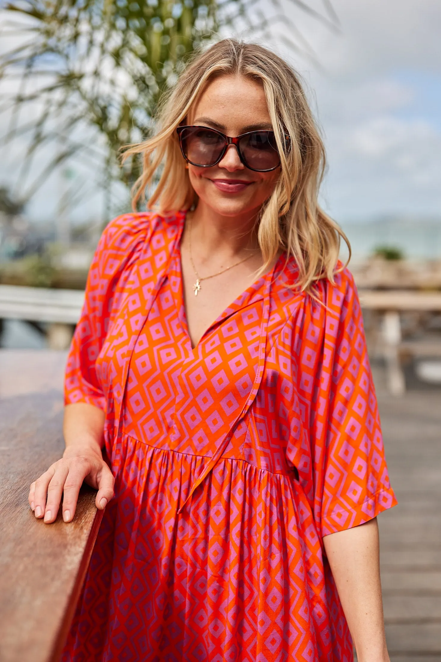 Gloss by Shine On Antonia Wide Sleeve Dress Orange Purple Diamond Print