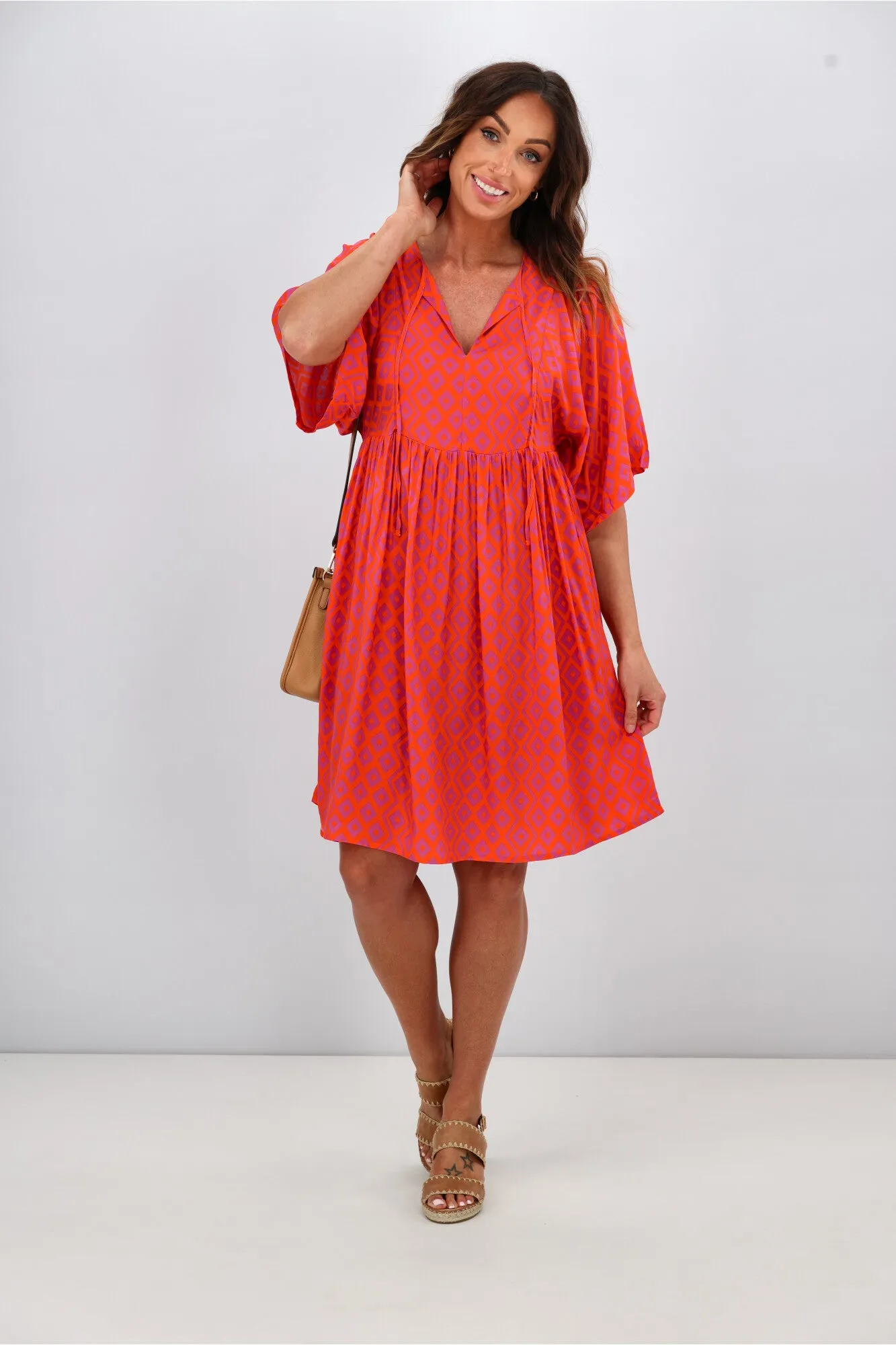 Gloss by Shine On Antonia Wide Sleeve Dress Orange Purple Diamond Print
