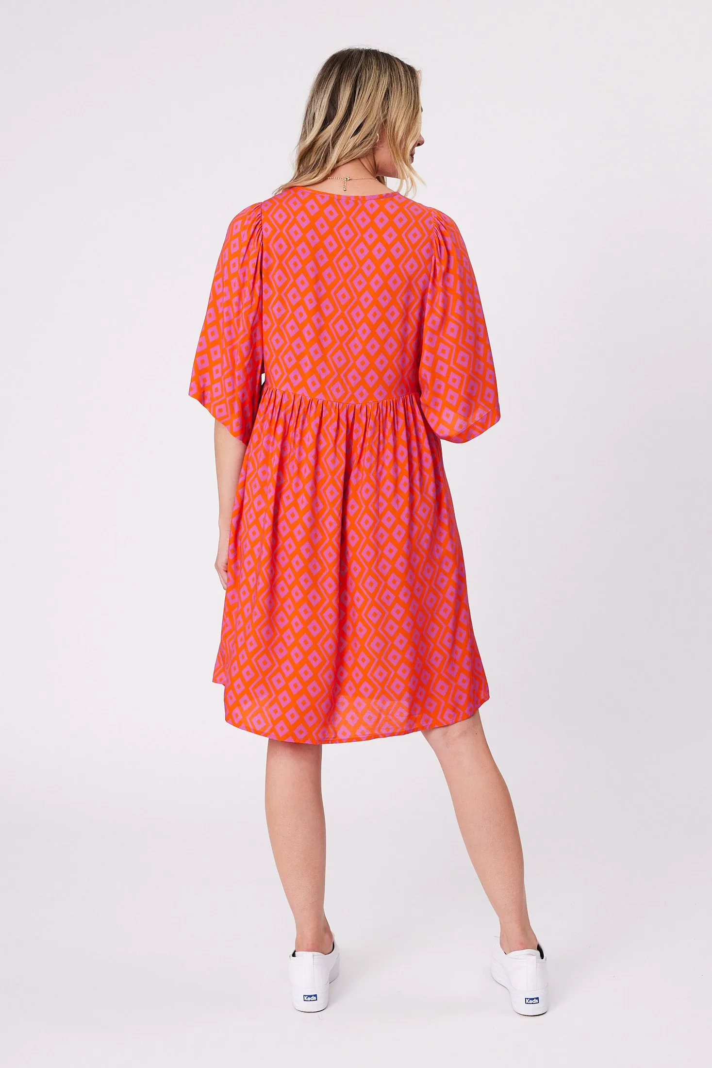 Gloss by Shine On Antonia Wide Sleeve Dress Orange Purple Diamond Print
