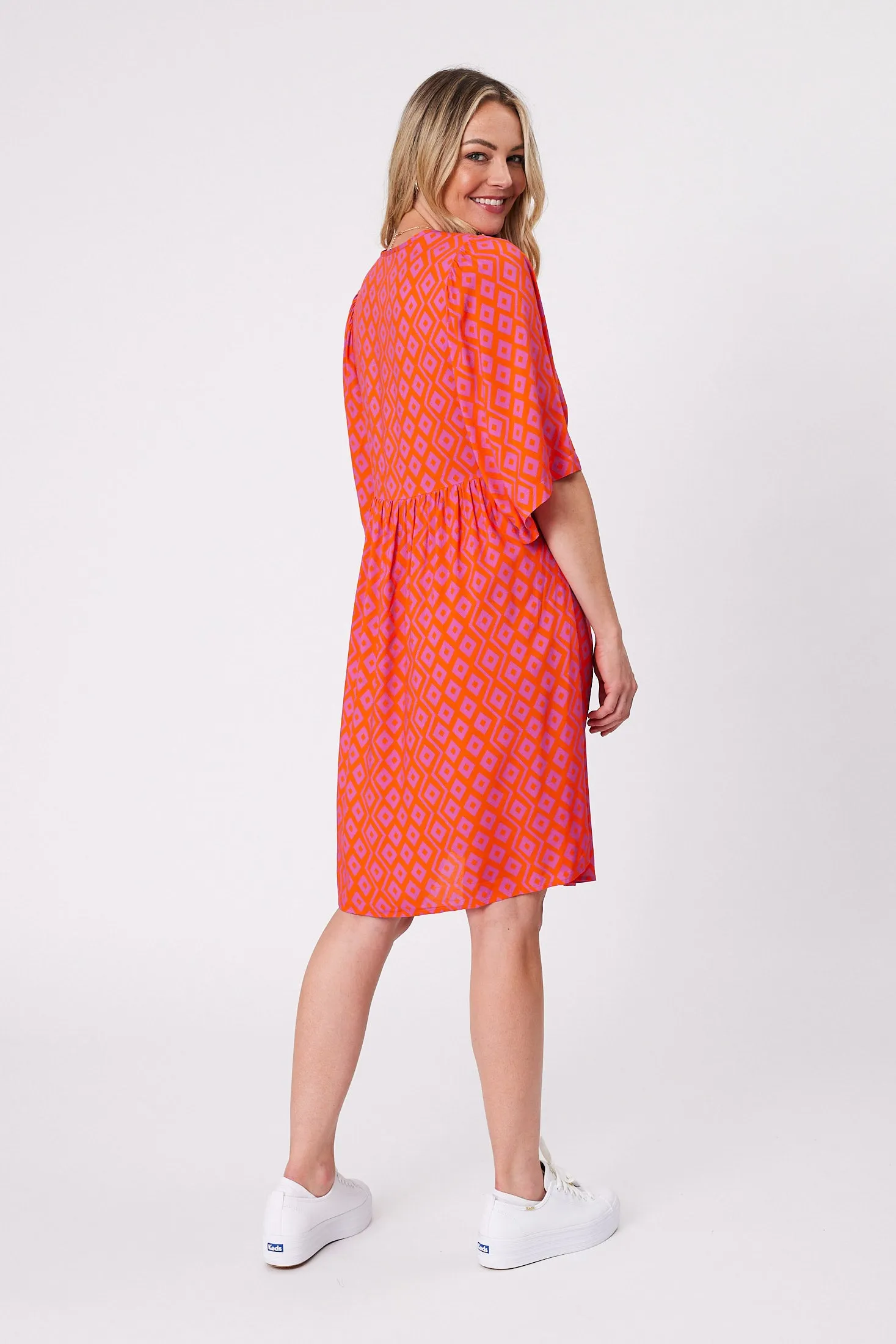 Gloss by Shine On Antonia Wide Sleeve Dress Orange Purple Diamond Print