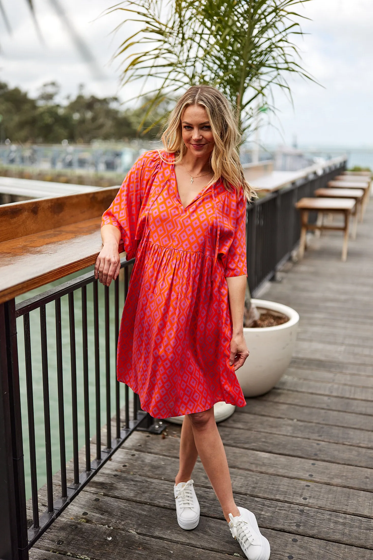 Gloss by Shine On Antonia Wide Sleeve Dress Orange Purple Diamond Print