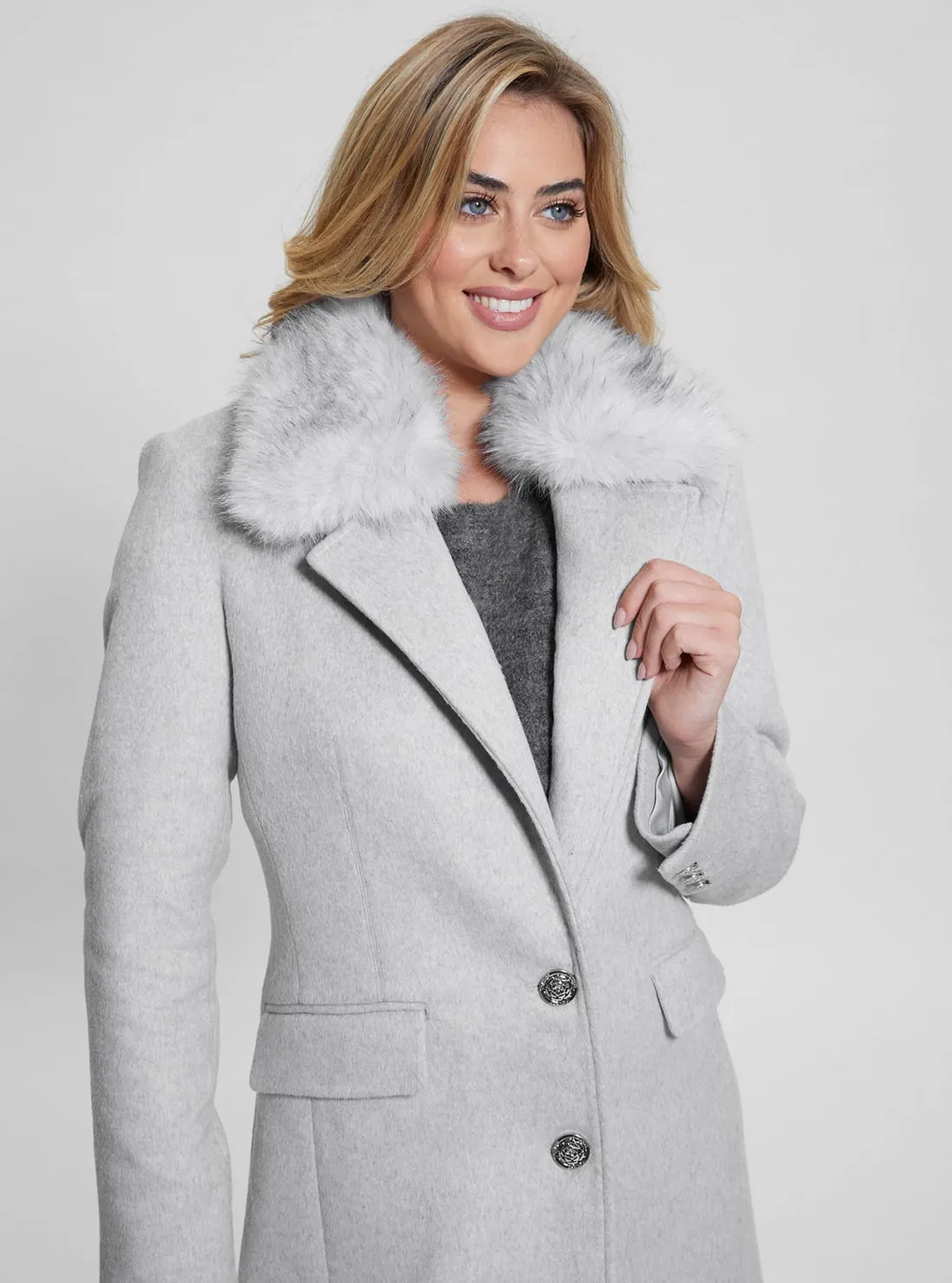 Grey Nancy Faux Fur Collar Coat