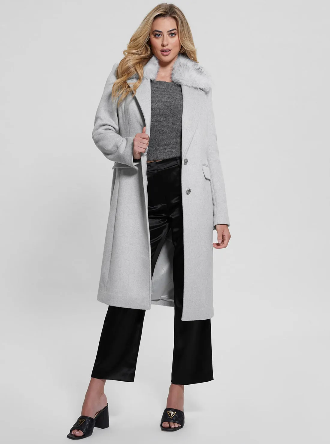 Grey Nancy Faux Fur Collar Coat
