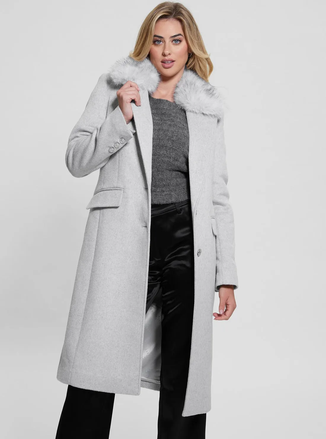 Grey Nancy Faux Fur Collar Coat