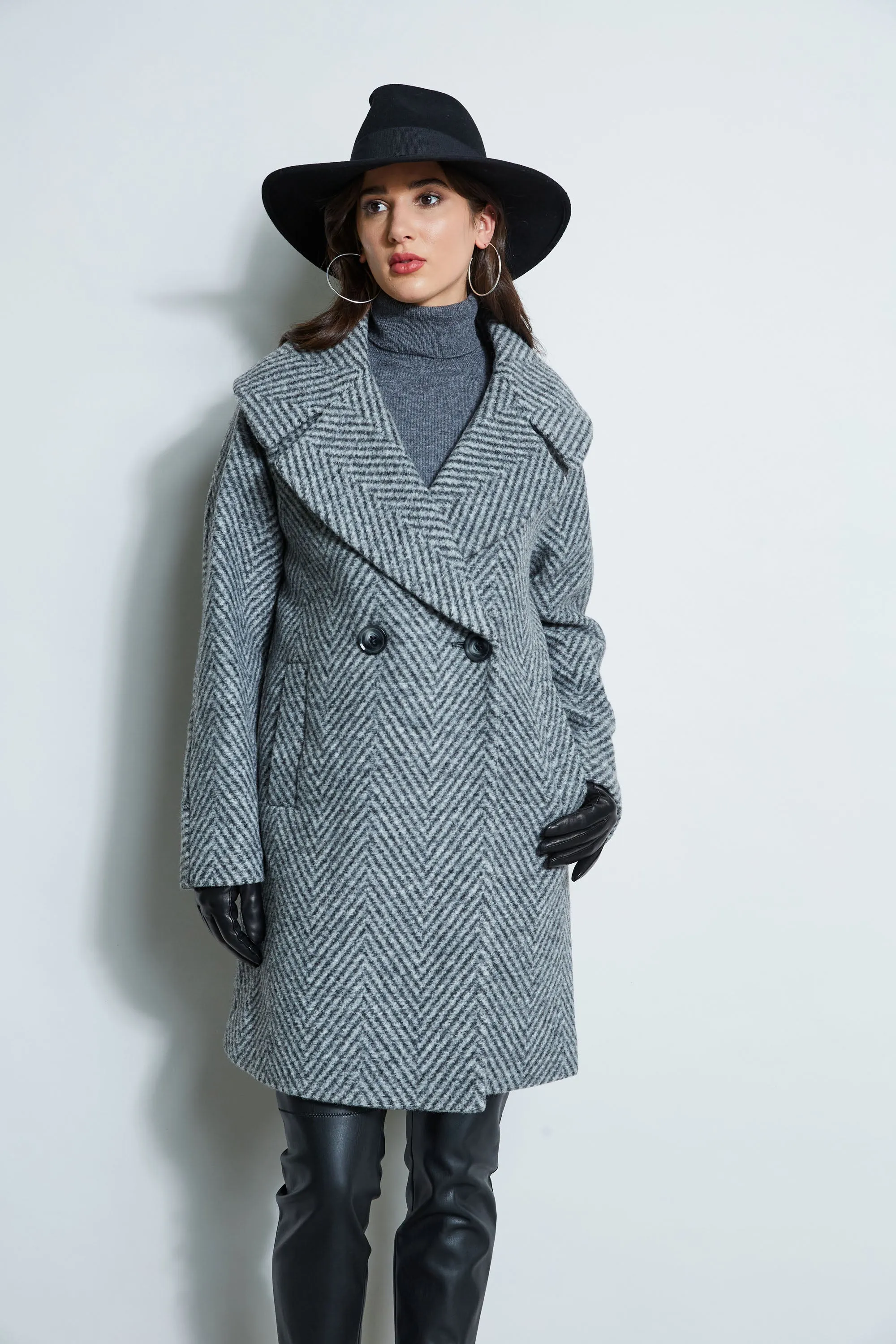Herringbone Brushed Double Breasted Coat