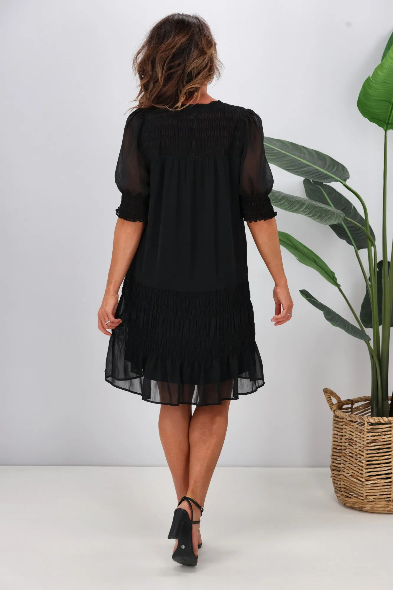 Jane James Vera Shirred Short Sleeve Dress Black