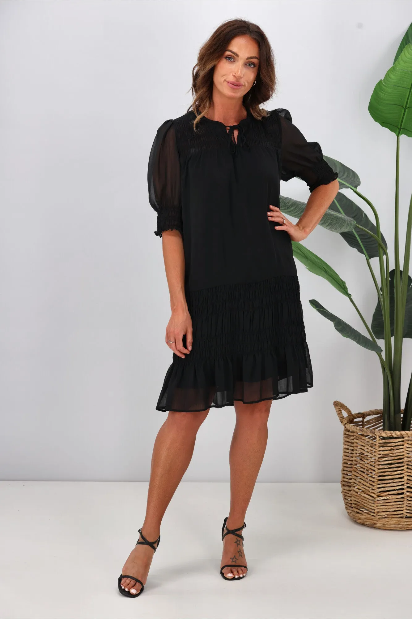 Jane James Vera Shirred Short Sleeve Dress Black