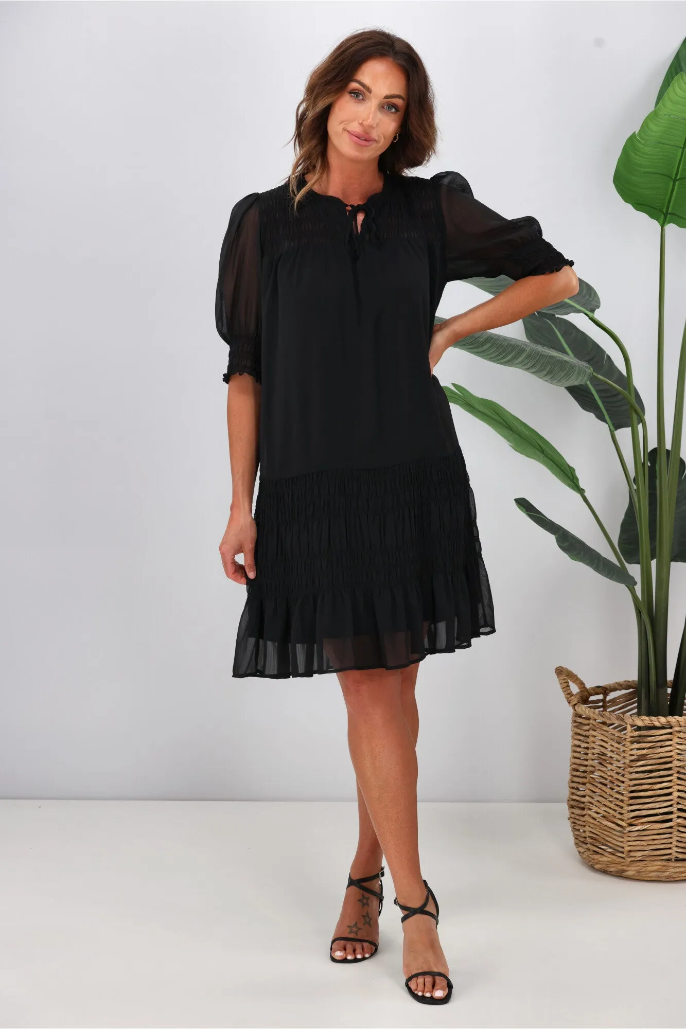 Jane James Vera Shirred Short Sleeve Dress Black
