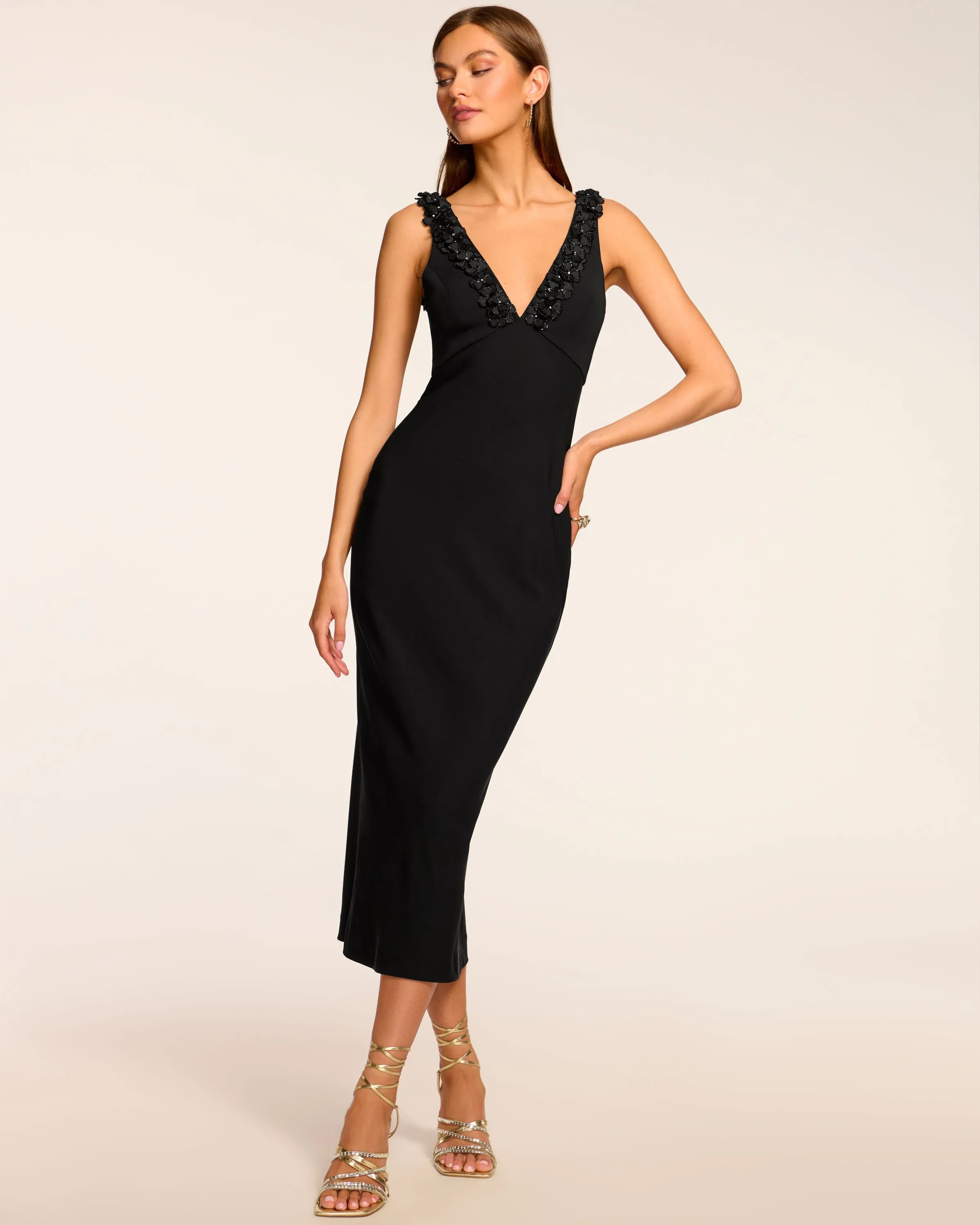 Kallie Floral Embellished Crepe Midi Dress