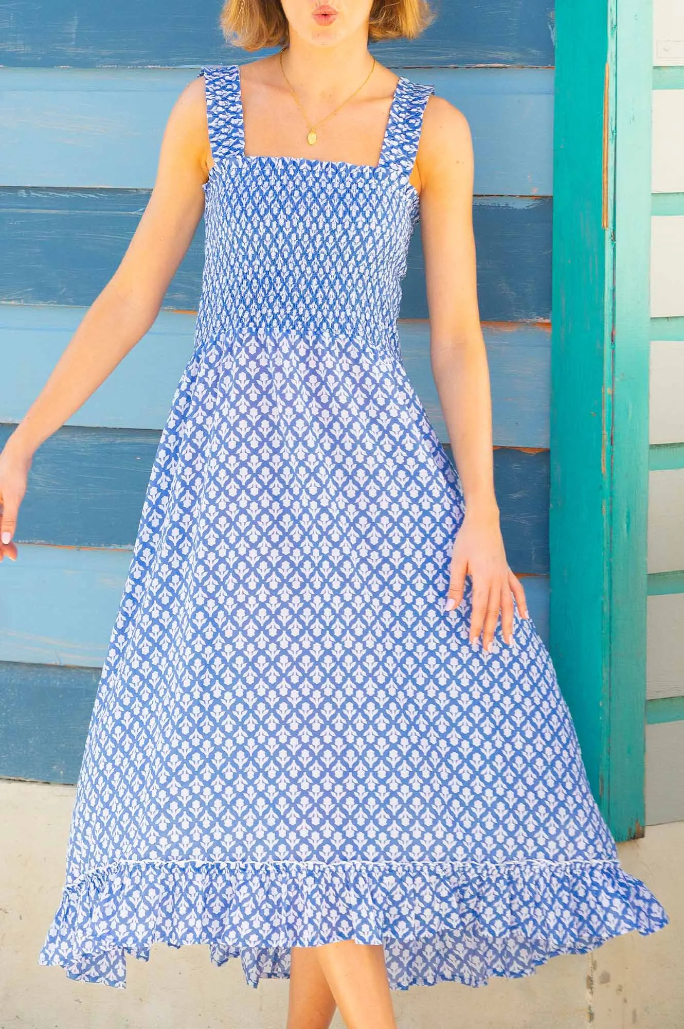 Rhianna Organic Cotton Dress | Flower Stamp Cornflower/White