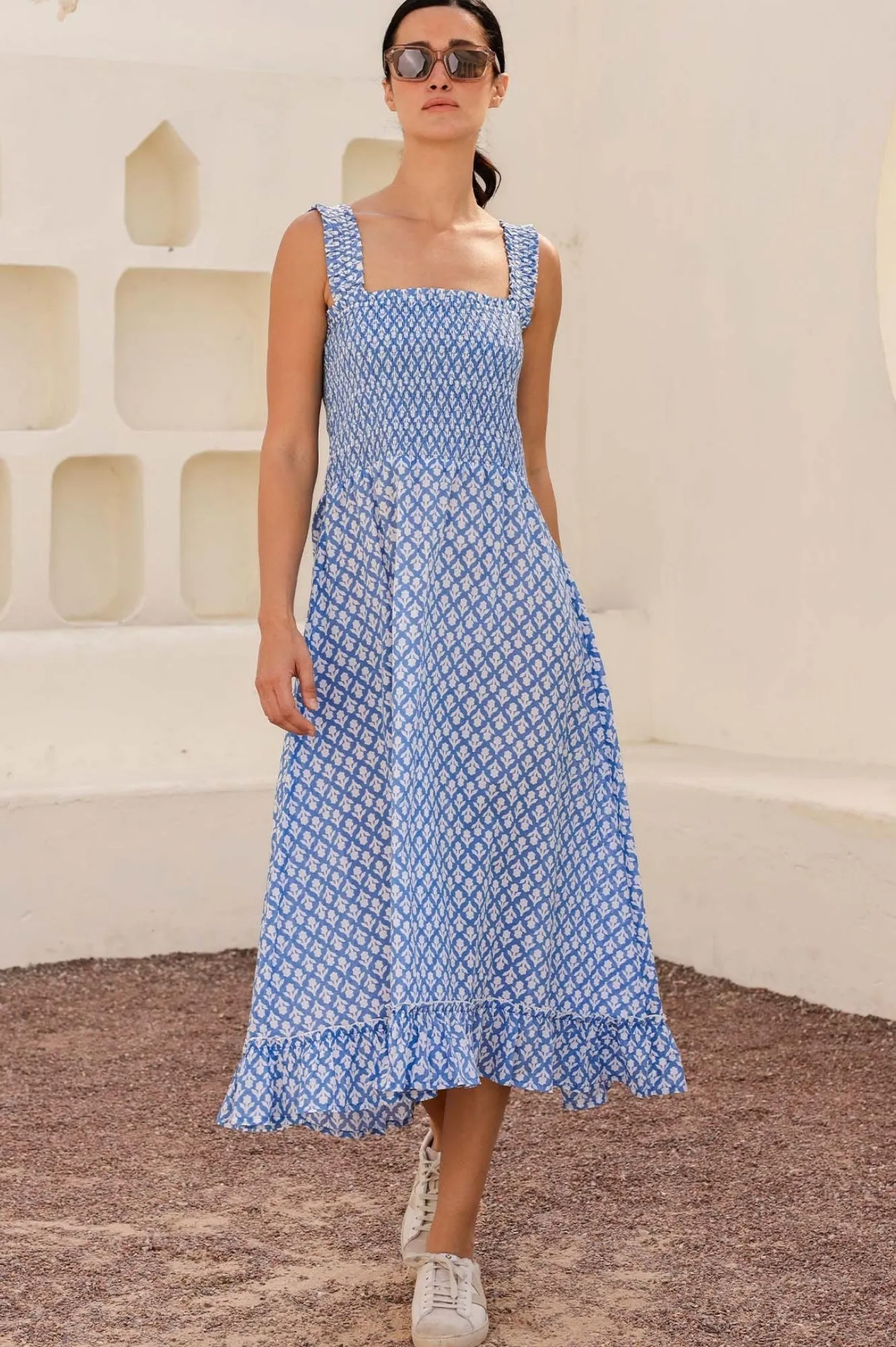 Rhianna Organic Cotton Dress | Flower Stamp Cornflower/White