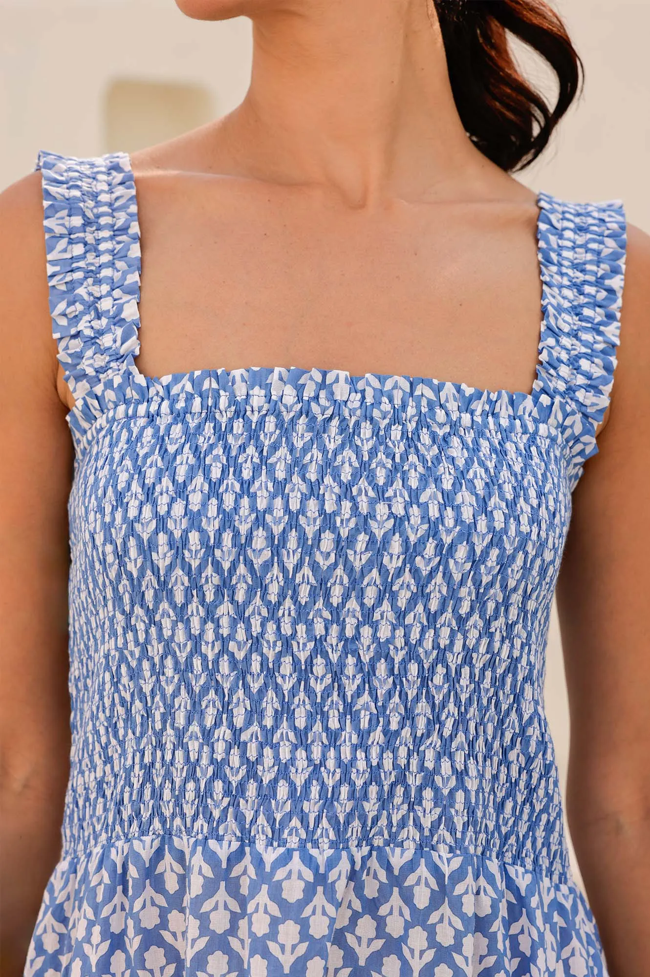 Rhianna Organic Cotton Dress | Flower Stamp Cornflower/White