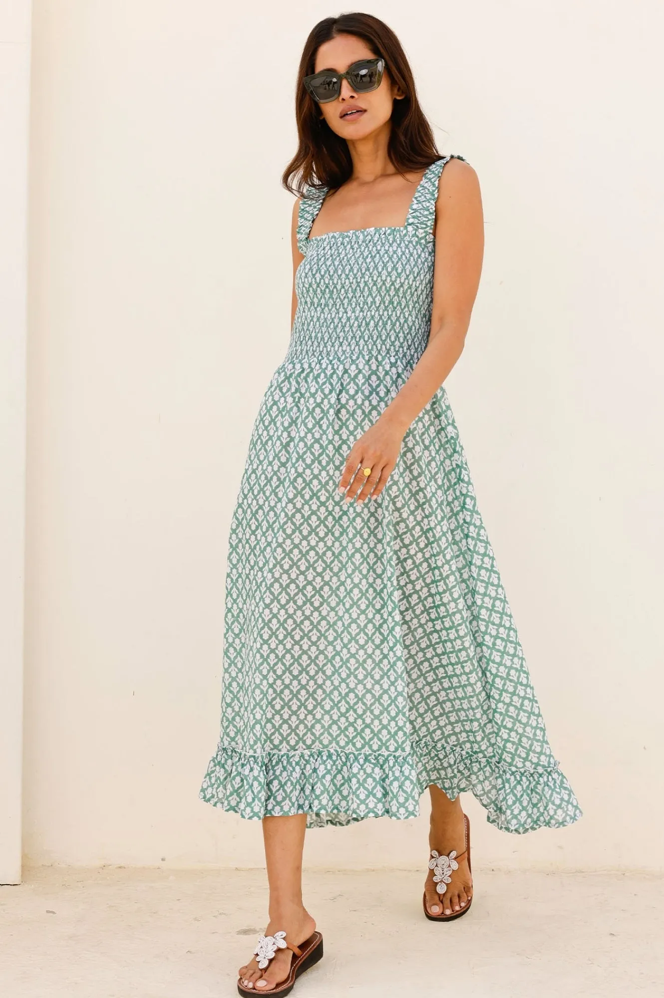 Rhianna Organic Cotton Dress Sage/White