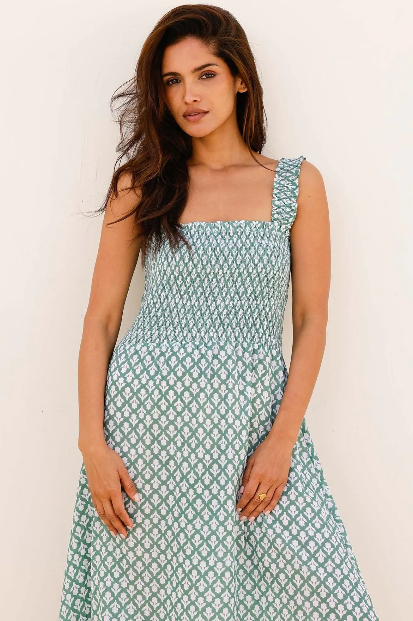 Rhianna Organic Cotton Dress Sage/White